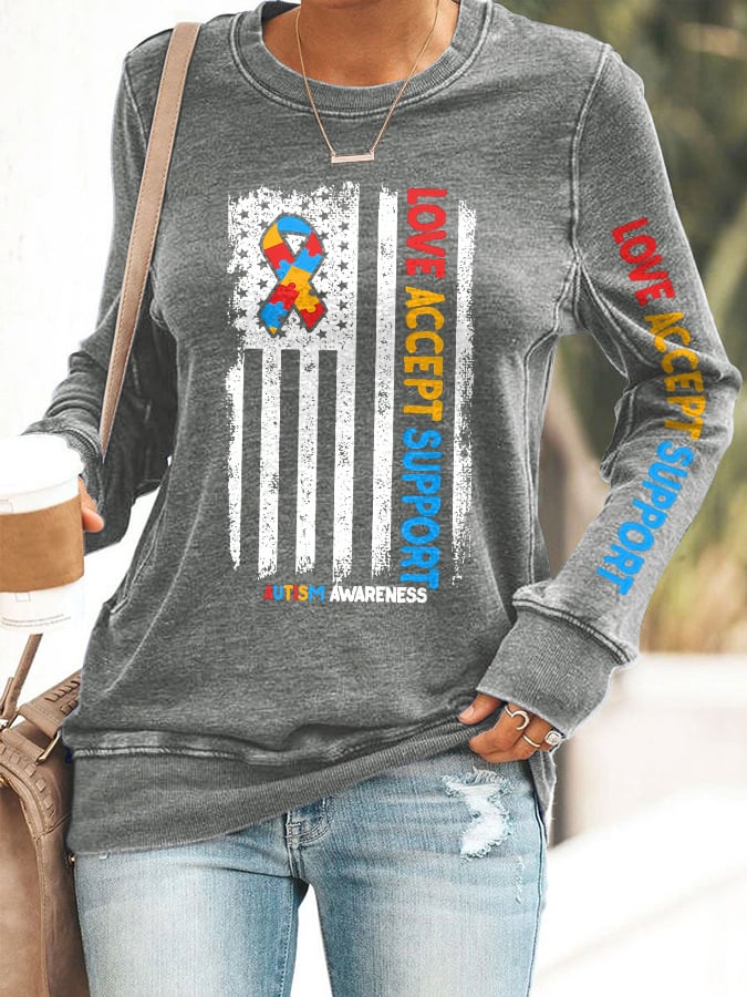 Women'S Love Accept Support  Autism Awareness Print Long Sleeve Sweatshirt