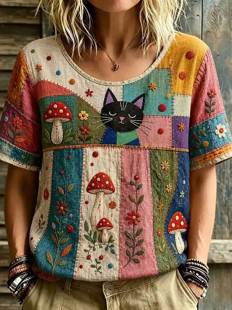 Women's Hippie Style Floral And Cat Face Embroidered Casual T-shirt