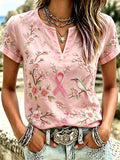 Women's Retro Pink Bird Flowers Art Print Top