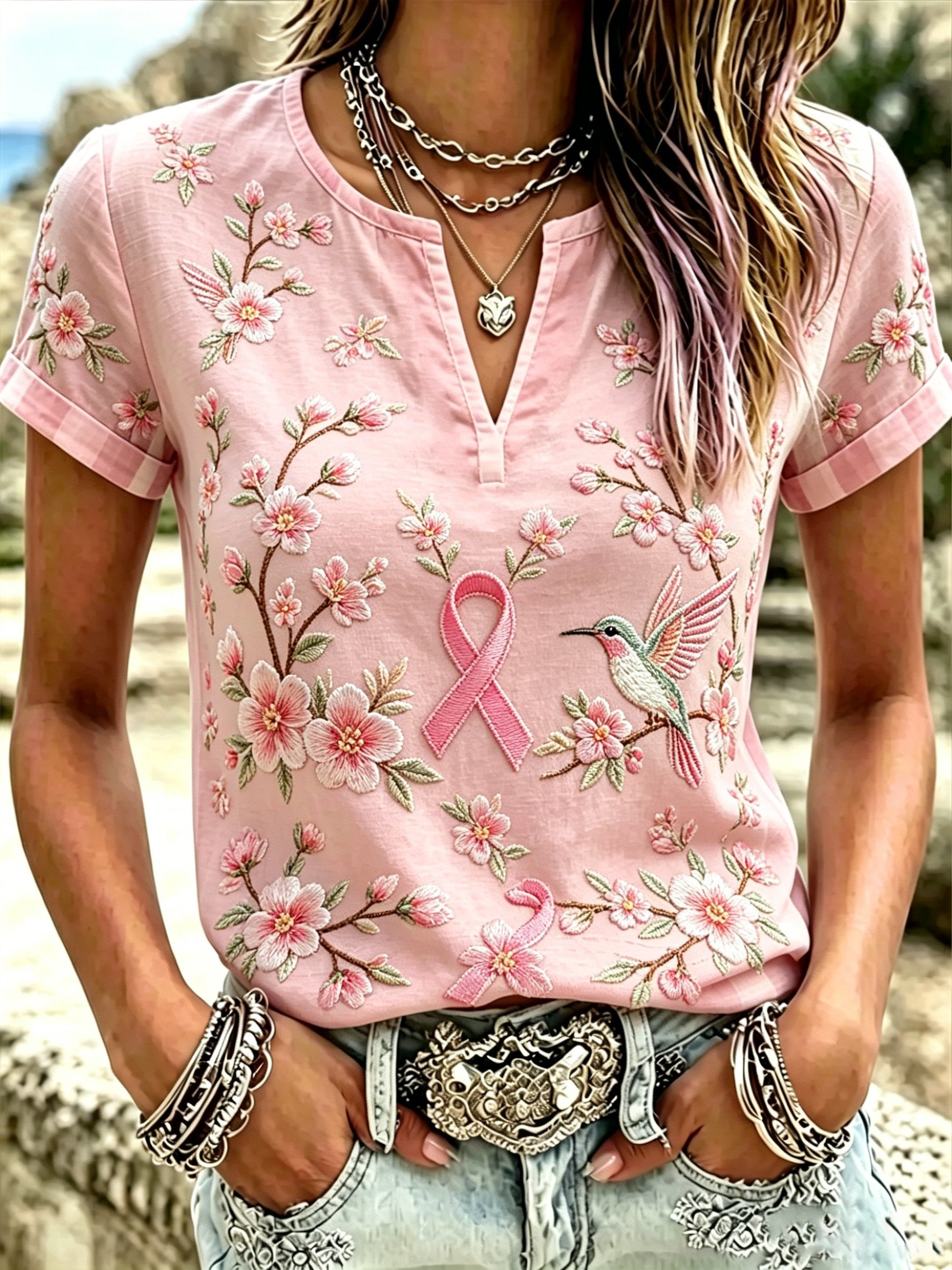 Women's Retro Pink Bird Flowers Art Print Top