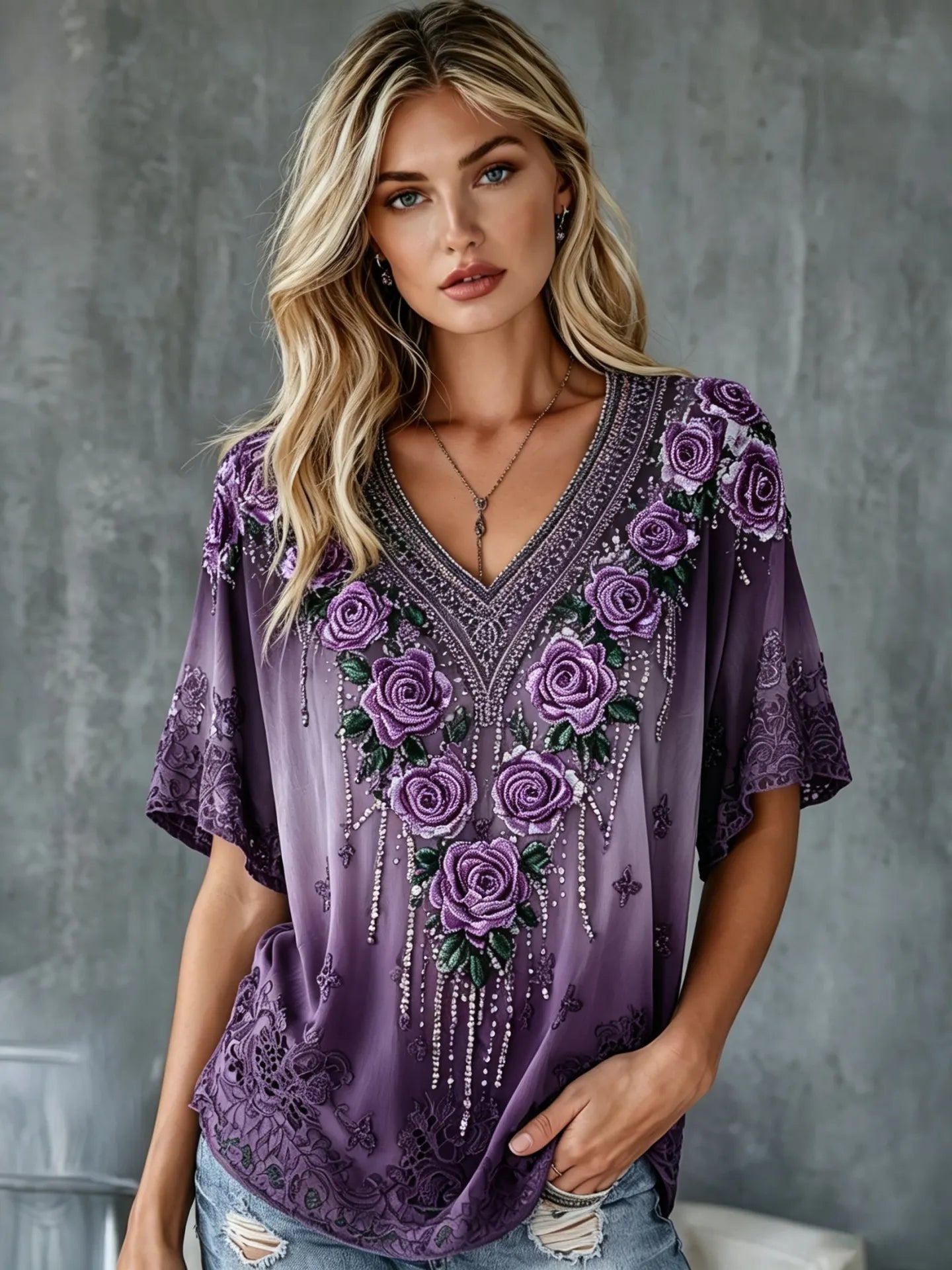 Women's Vintage Floral Art Flowy Linen Blend Casual Tops
