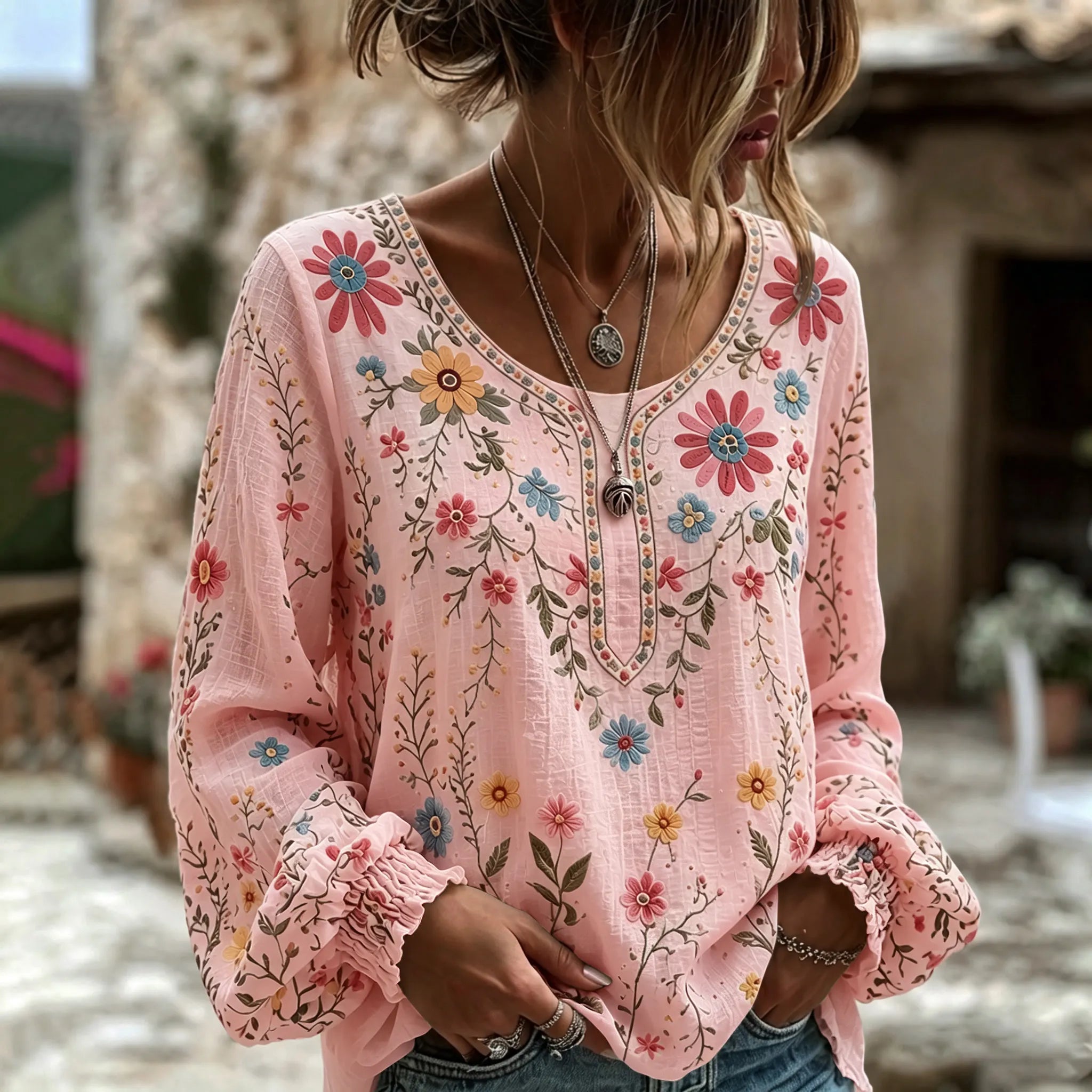 Women's Vintage Floral Art Print Flowy Linen Blend Linen Blend Long Sleeve Casual Tops