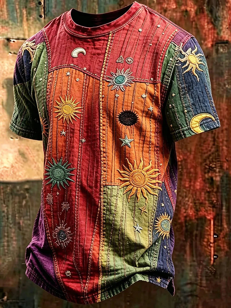 Men's Hippie Sun Moon Geometric Patchwork Print Short Sleeve T-shirt