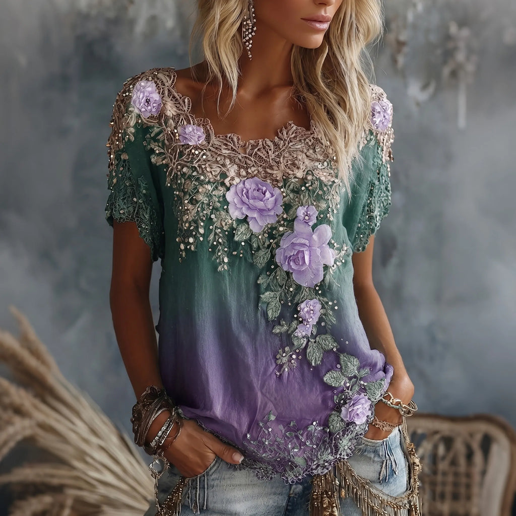 Women's Vintage Floral Gradient Art Flowy Linen Blend Casual Tops