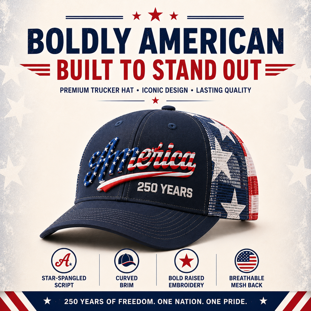 ❤️ 🇺🇸 America 250 Years Patriotic Embroidered Mesh Trucker Cap