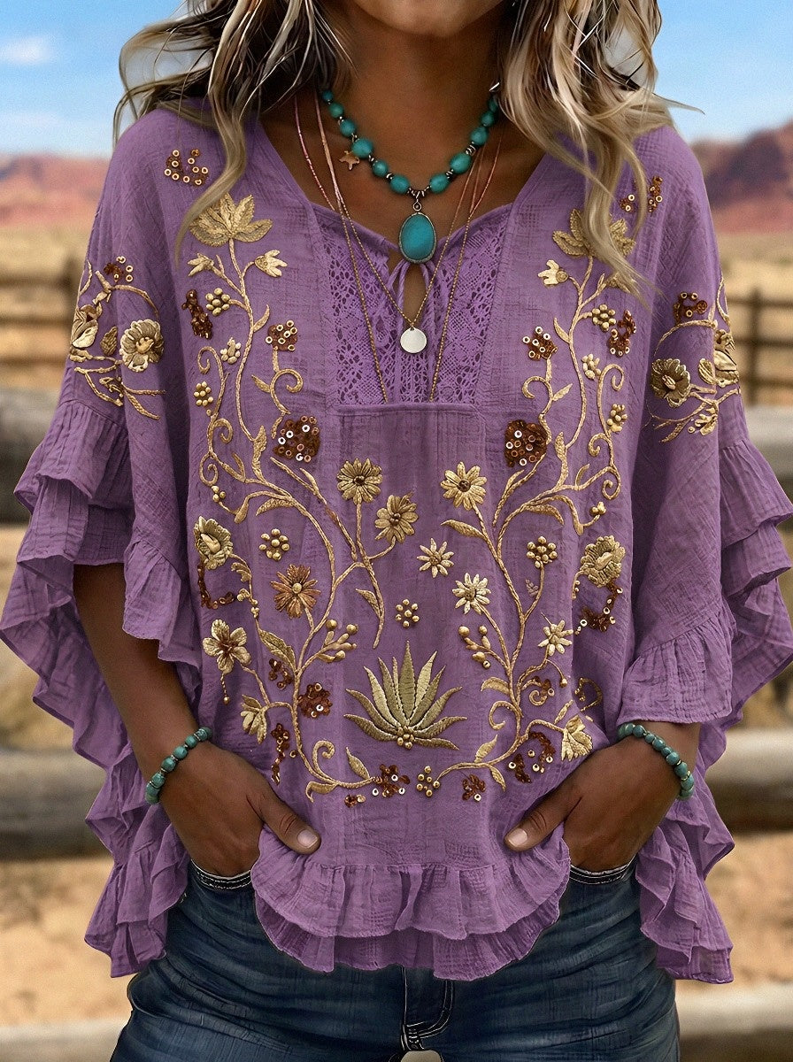 Women's Western Vintage Floral Embroidered Ruffle Sleeve Top