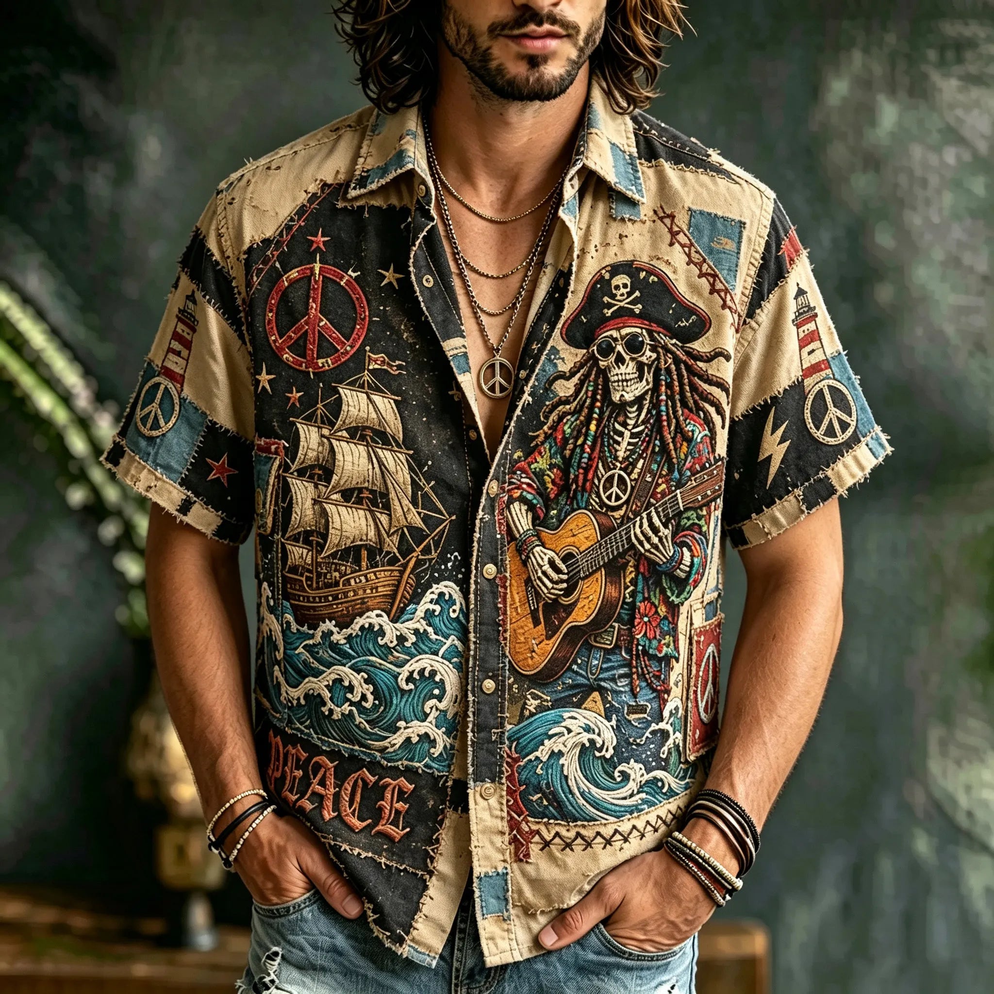 Men's Retro Nautical Skull Guitar Hippie Design Short-sleeve Shirt