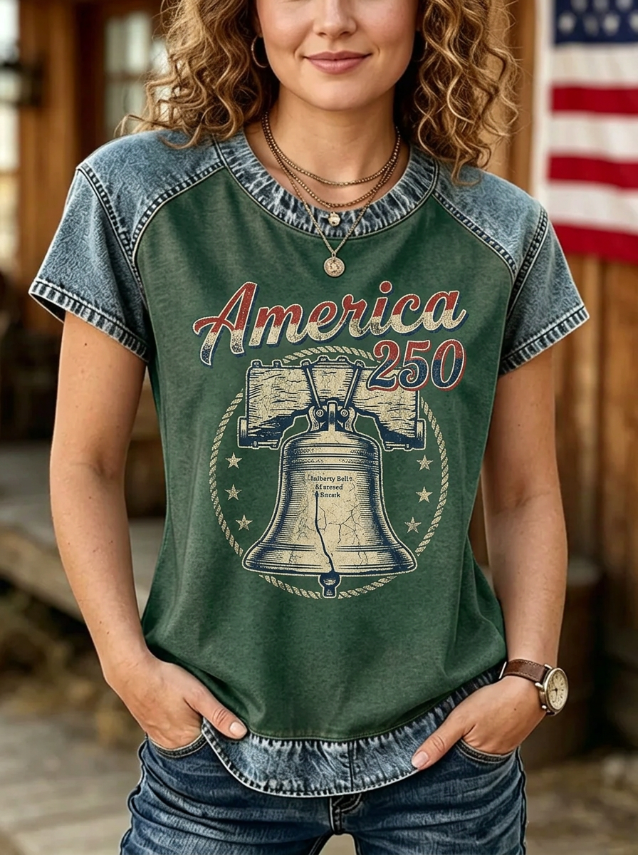 Women's Independence Day Western Liberty Bell America 250 Printed T-shirt