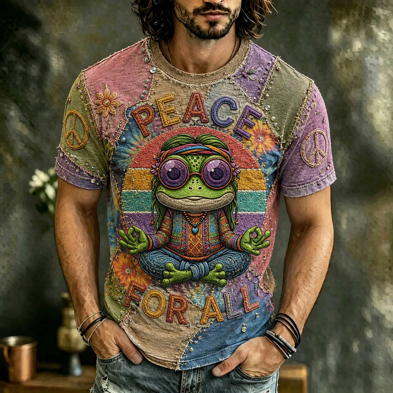 Men's Vintage Hippie Peace For All Pattern Art Embroidered T-shirt