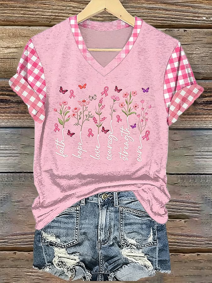 Women's Retro Breast Cancer Floral Print Top