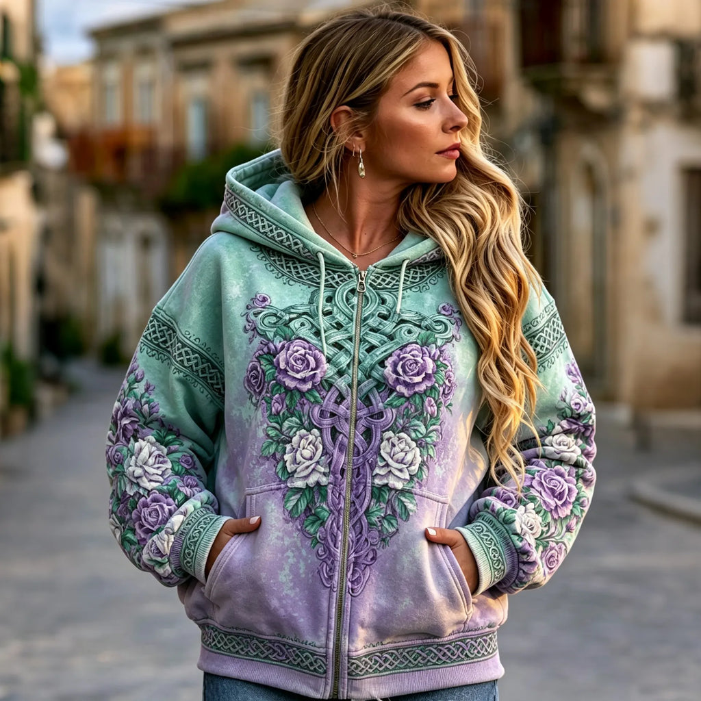 Women's Vintage Flowers Gradient Art Casual Zip-up Hoodie