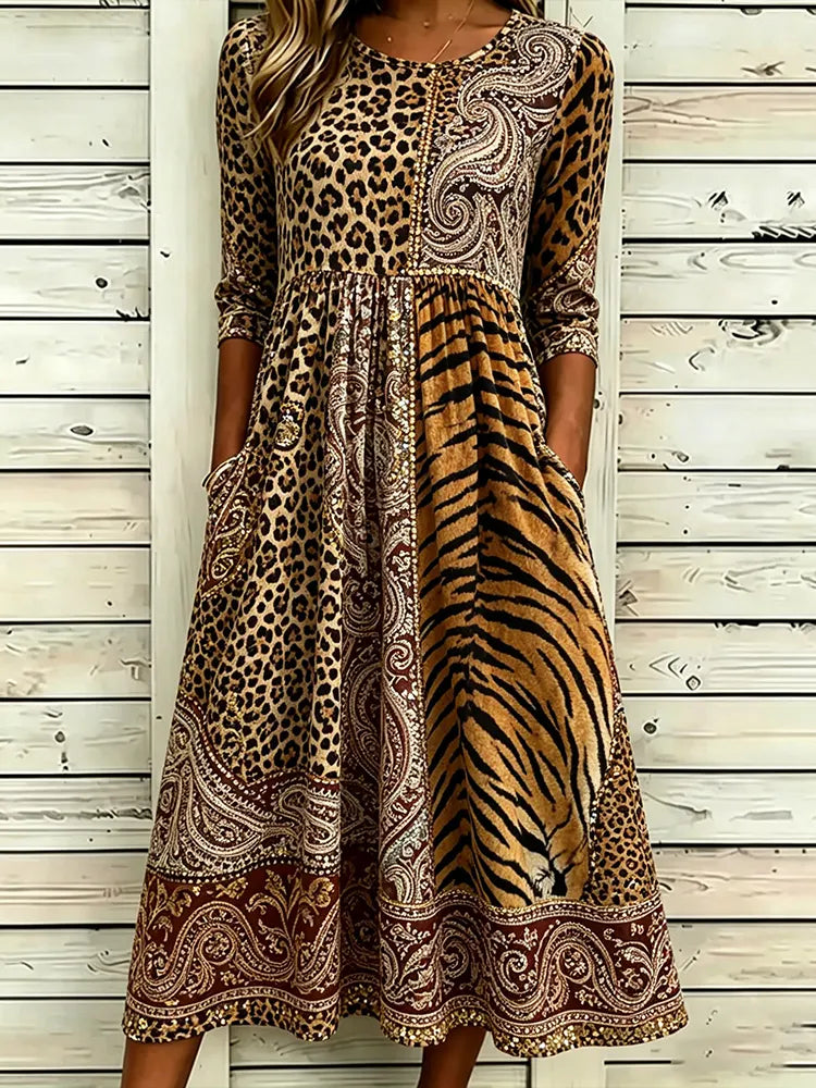 Women's Leopard And Animal Print Paisley Pattern Splicing Linen Blend Casual Mid-sleeve Dress