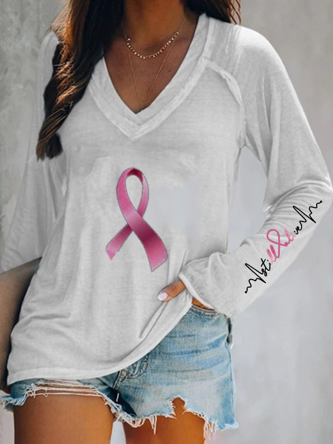 Breast Cancer  Still Alive V Neck Long Sleeve Casual T-Shirt