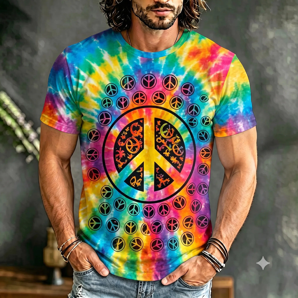 Men's Retro Hippie Tie Dye Peace Art Print Crew Neck Short Sleeve T-shirt