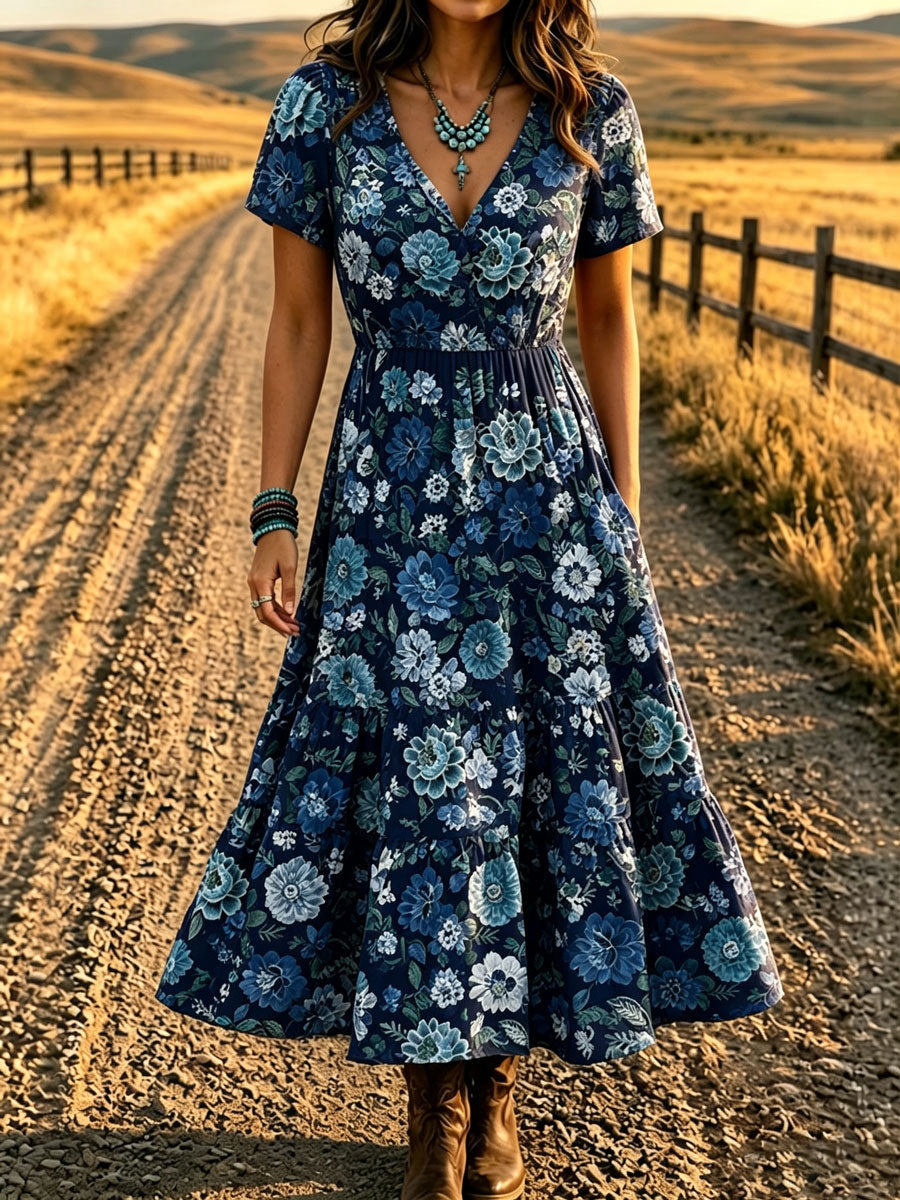 Women'S Western Style V-Neck Short Sleeved Floral Pattern Dress