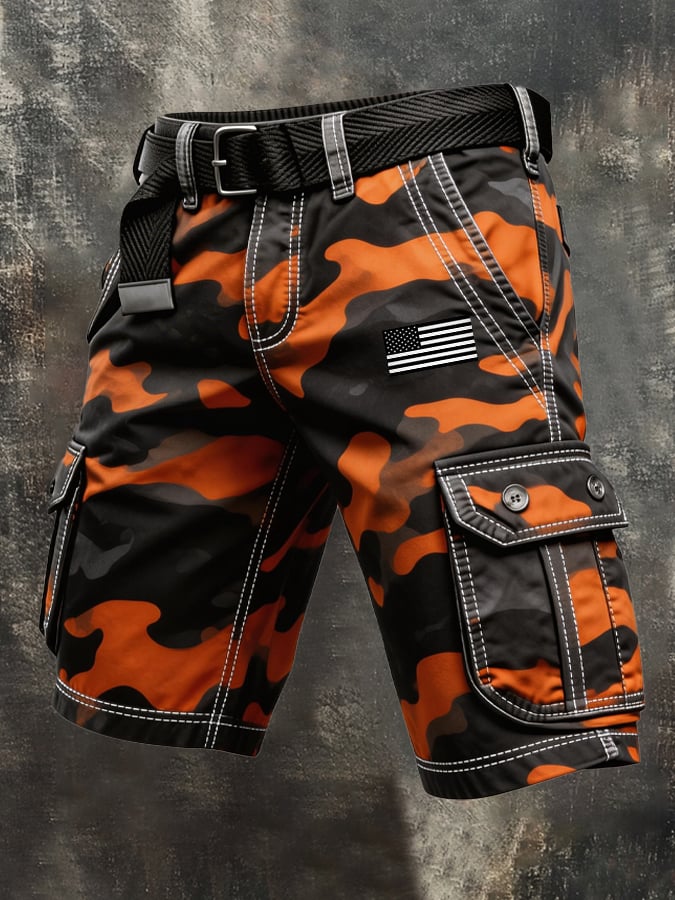 Men's Retro Camo Distressed Pocket Cargo Shorts (Belt Not Included)