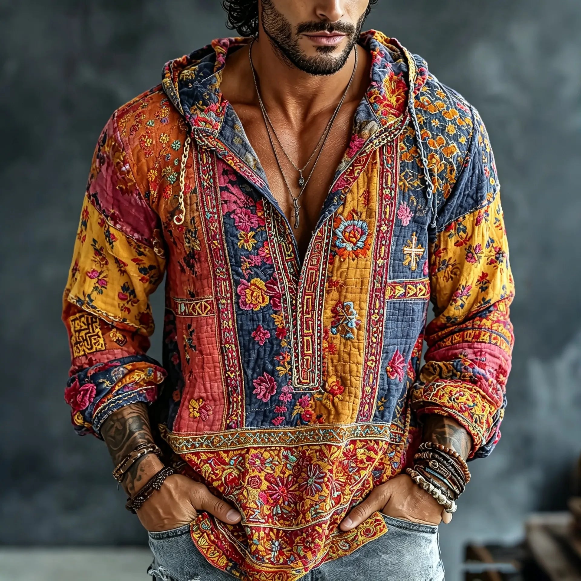 Men's Vintage Floral  Patchwork Embroidered Art Print Flowy Linen Blend Casual  Hooded Shirt