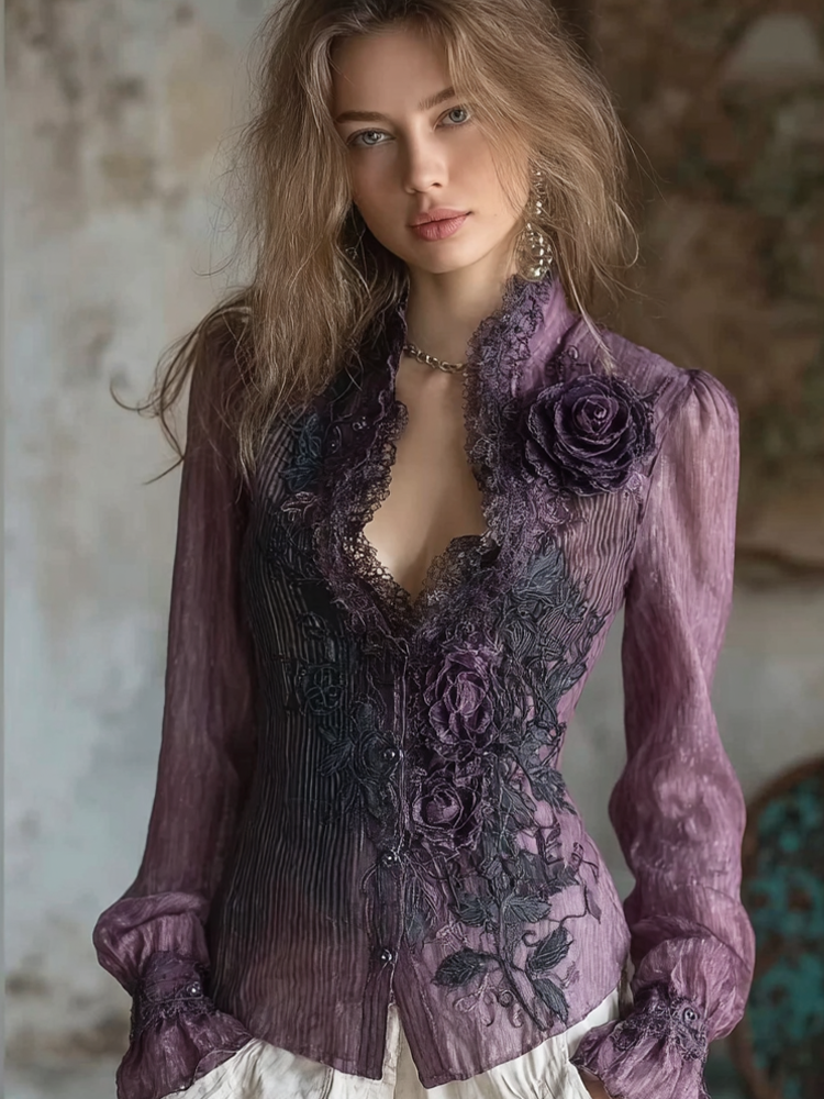Bohemian Retro Purple Rose Patchwork Lace Design Women's Long-sleeve Shirt