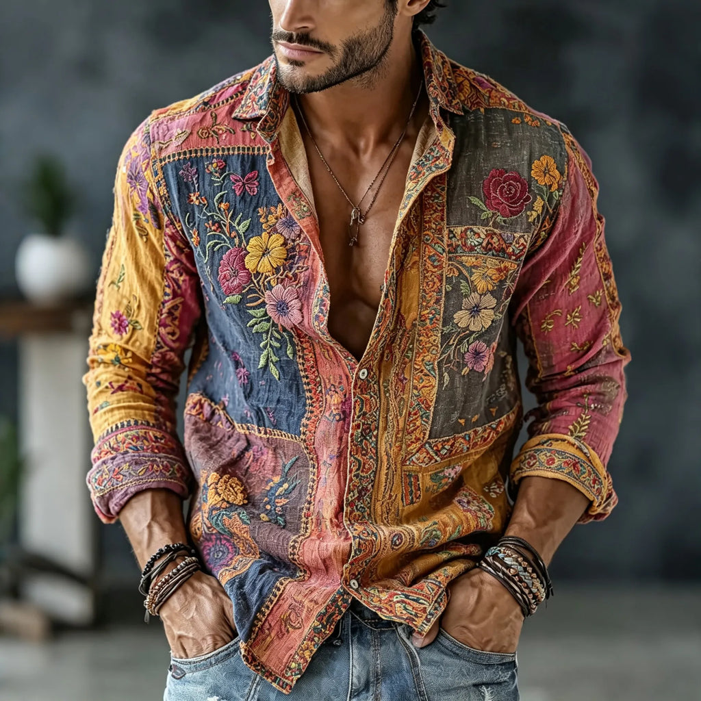 Men's Vintage Floral  Patchwork Embroidered Art Print Flowy Linen Blend Casual Shirt