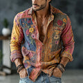 Men's Vintage Floral  Patchwork Embroidered Art Print Flowy Linen Blend Casual Shirt