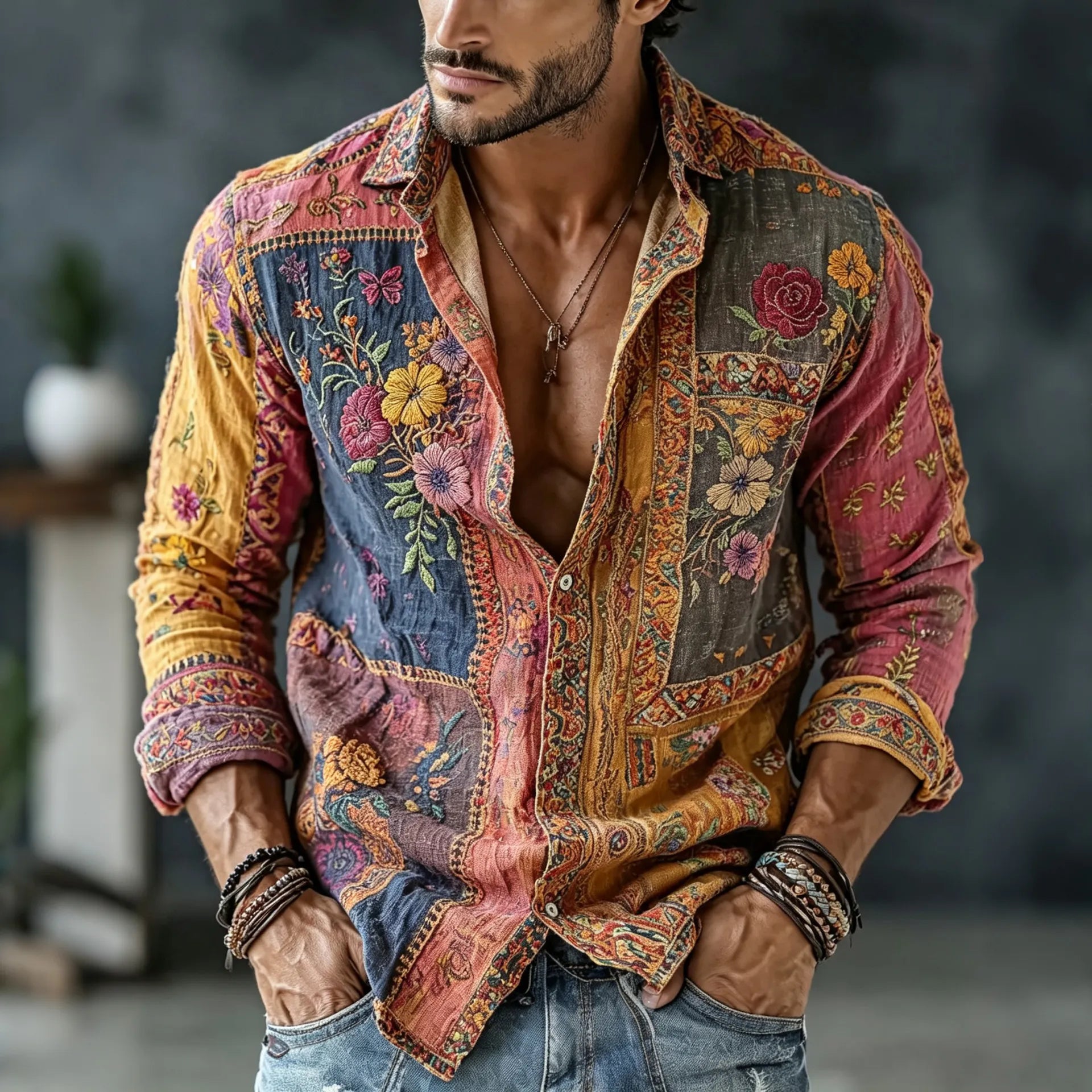 Men's Vintage Floral  Patchwork Embroidered Art Print Flowy Linen Blend Casual Shirt