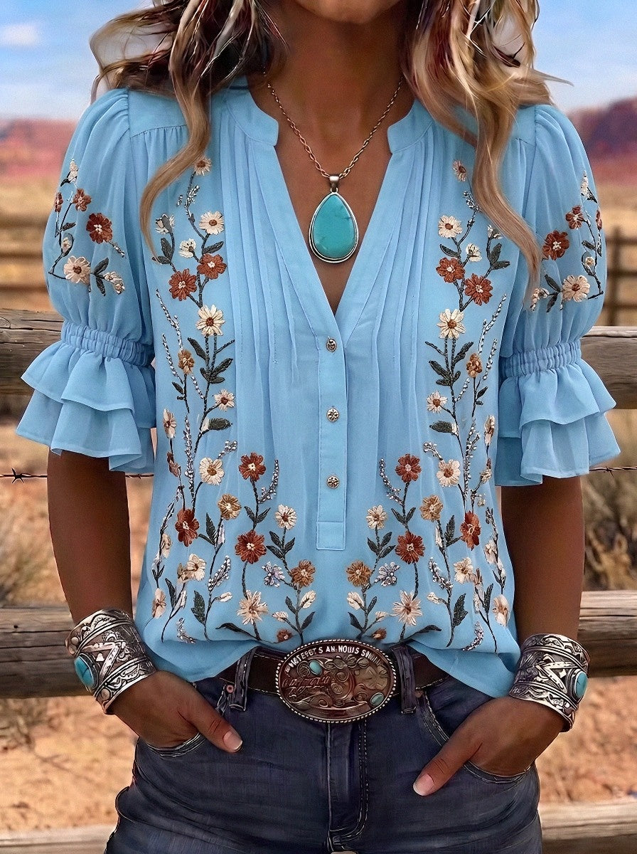 Women's Western Vintage Floral Embroidered Ruffle Sleeve Blouse