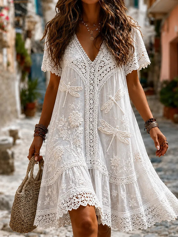 Women's Retro Hippie Floral And Dragonfly Pattern Art Embroidered Linen Blend Maxi Dress