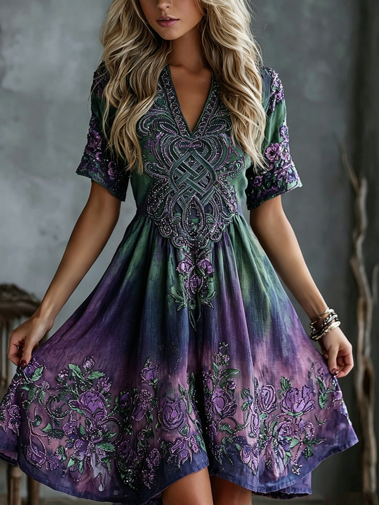Women's Vintage Celtic Knot Floral Gradient Art Cotton Linen Short Sleeve Dress