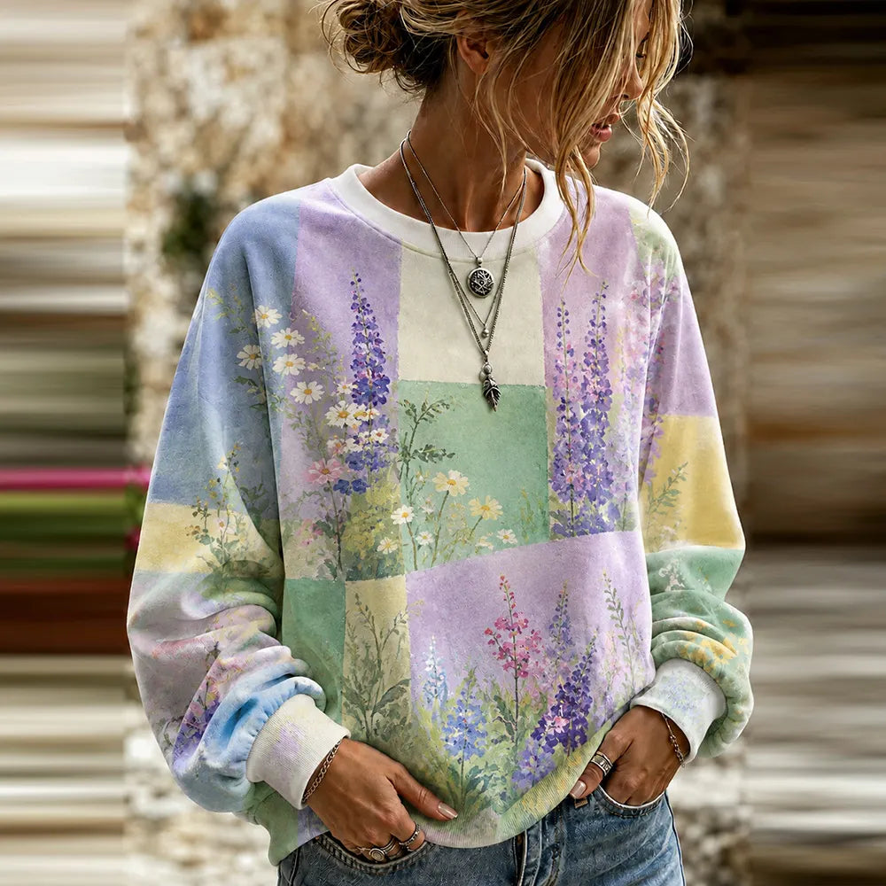 Women's Vintage Colorful Floral Patchwork Art Crewneck Sweatshirt