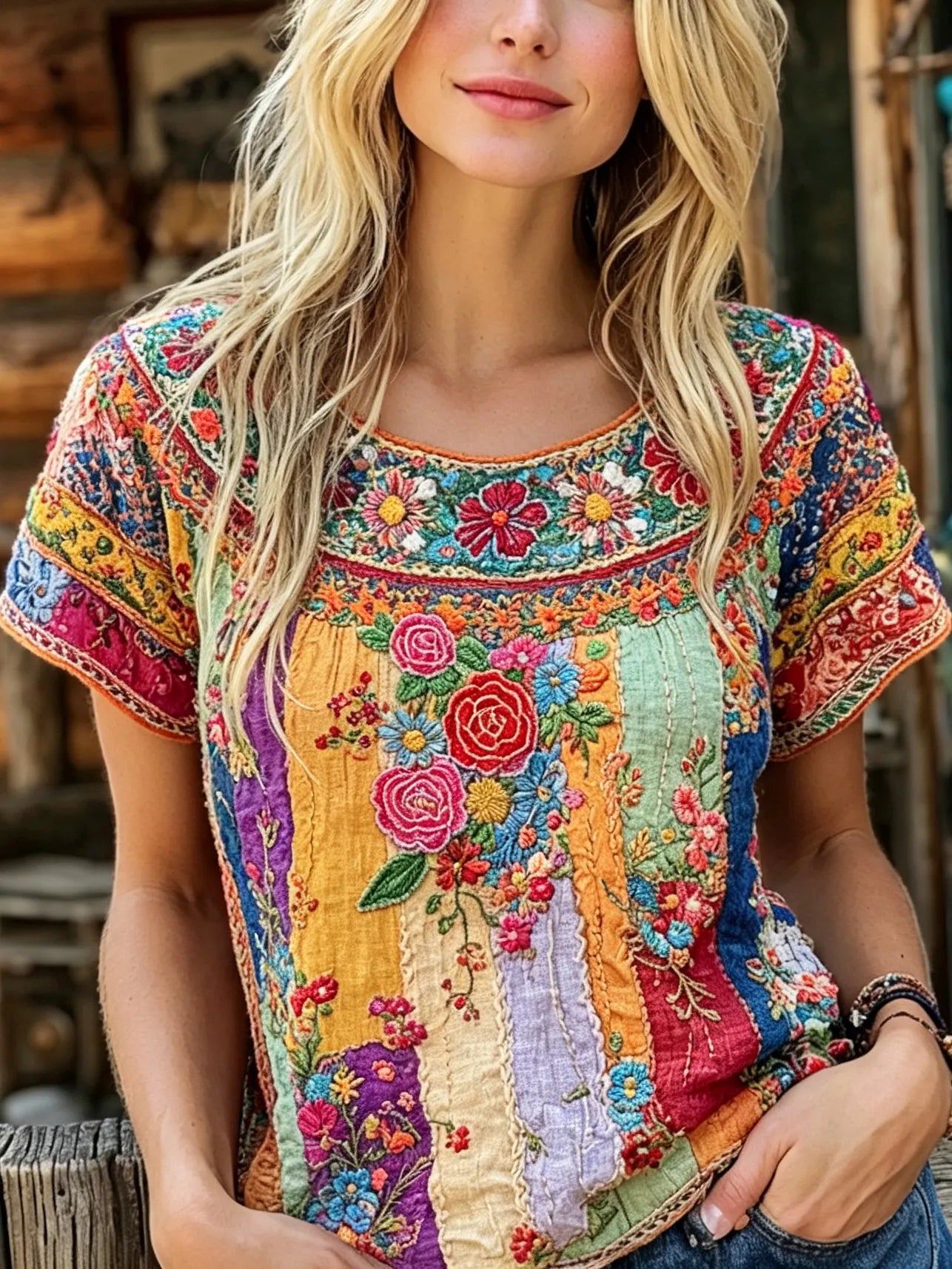 Women's Retro Hippie Style Floral Art Embroidery Cotton Linen Round Neck Short Sleeve T-shirt