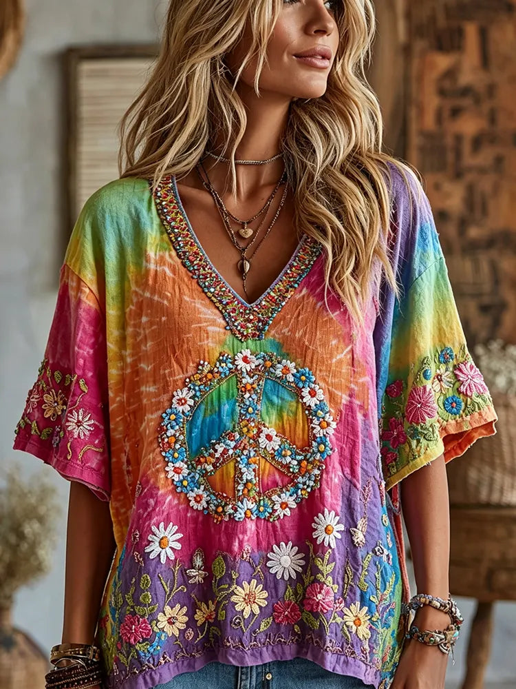 Women's Vintage Peace Symbol Floral Gradient Art Casual Shirt