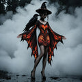 Women's Gothic Fire Tree Print Batwing Flare Sleeve V Neck Bodycon Dress – Halloween Costume
