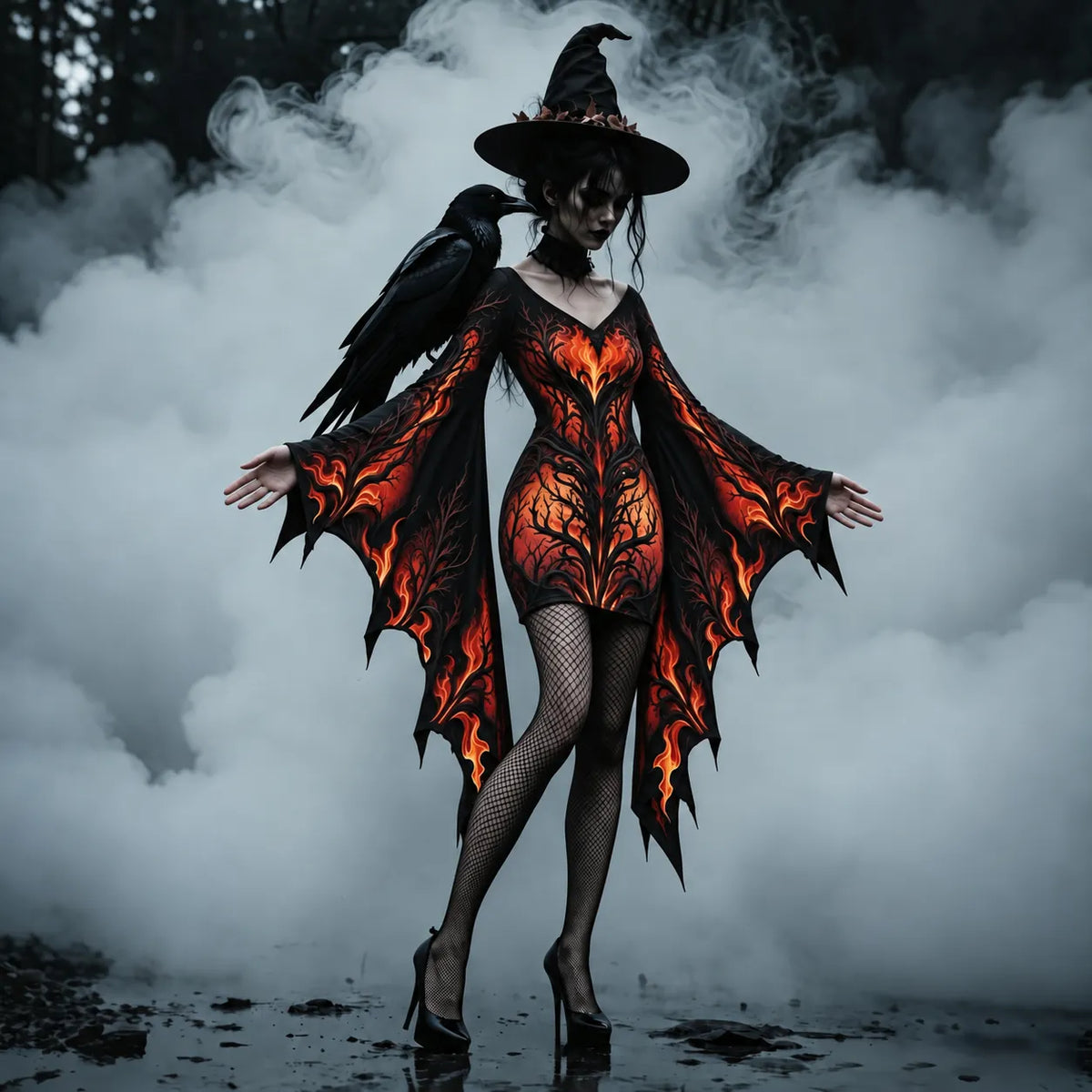 Women's Gothic Fire Tree Print Batwing Flare Sleeve V Neck Bodycon Dress – Halloween Costume