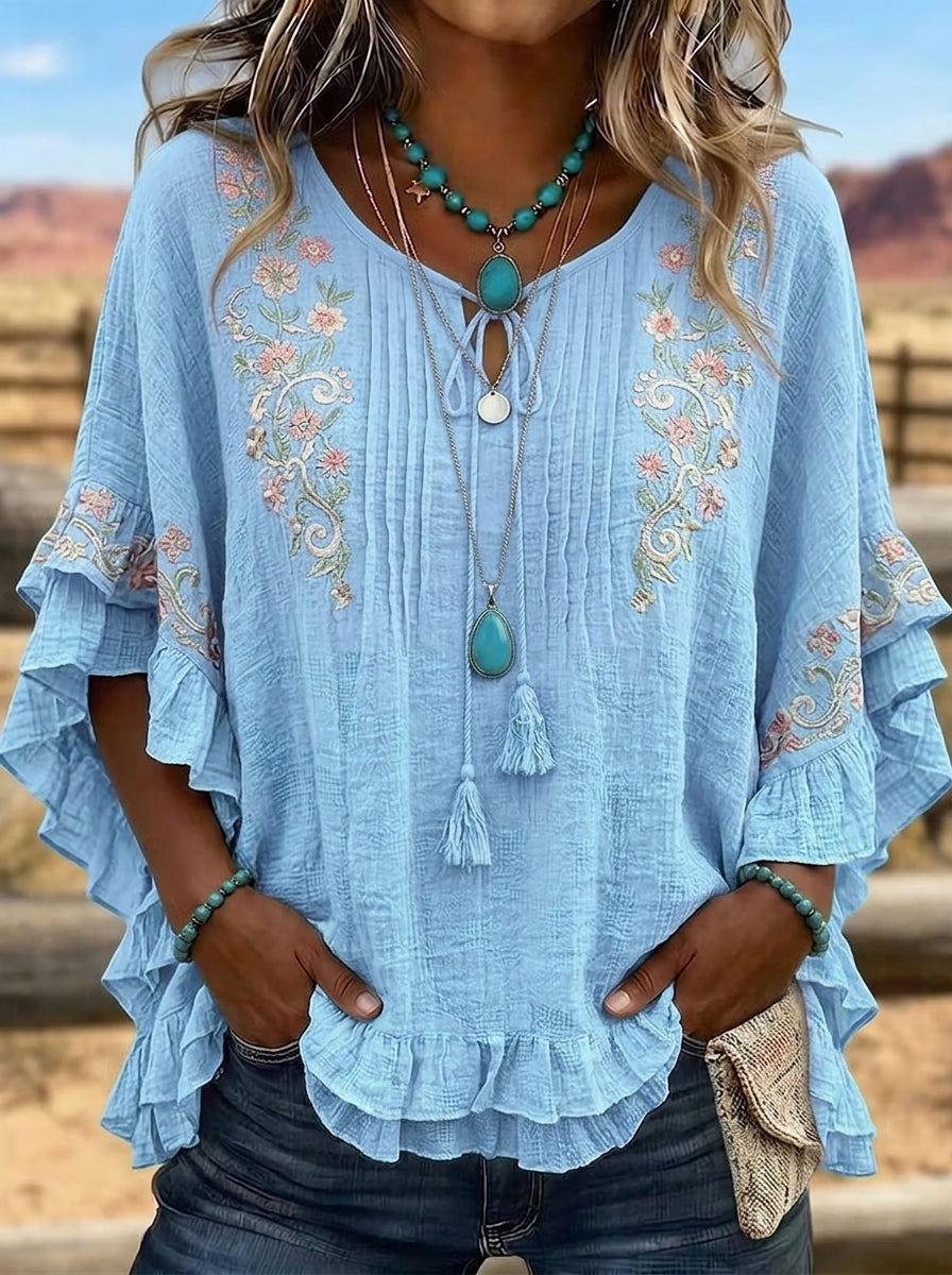 Women's Western Vintage Floral Embroidered Ruffle Sleeve Top