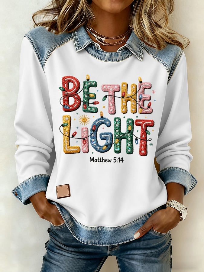 Women's casual autumn and winter look: denim patchwork sweatshirt