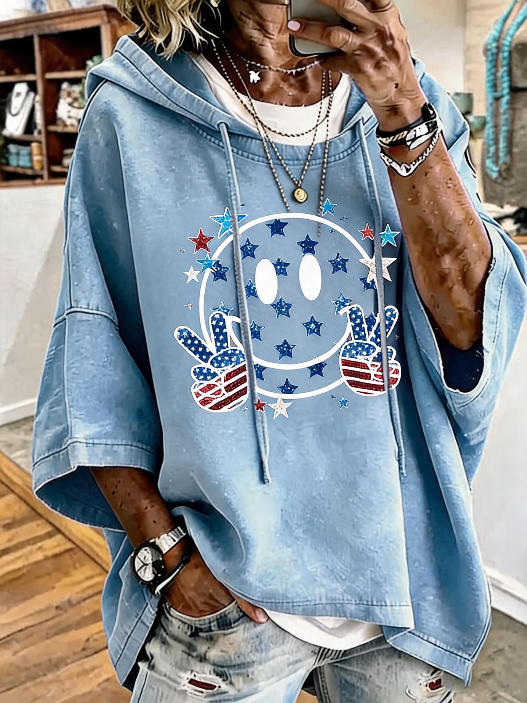 Women's Anniversary Flag Smile Print Oversized Hoodie