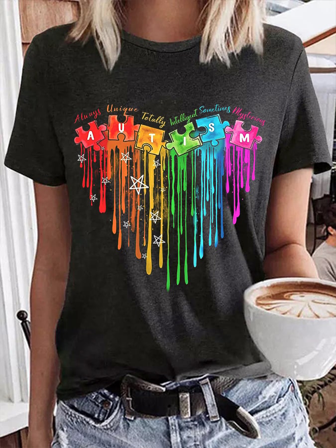 Women's Rainbow Autism Heart Print Crew Neck T-Shirt