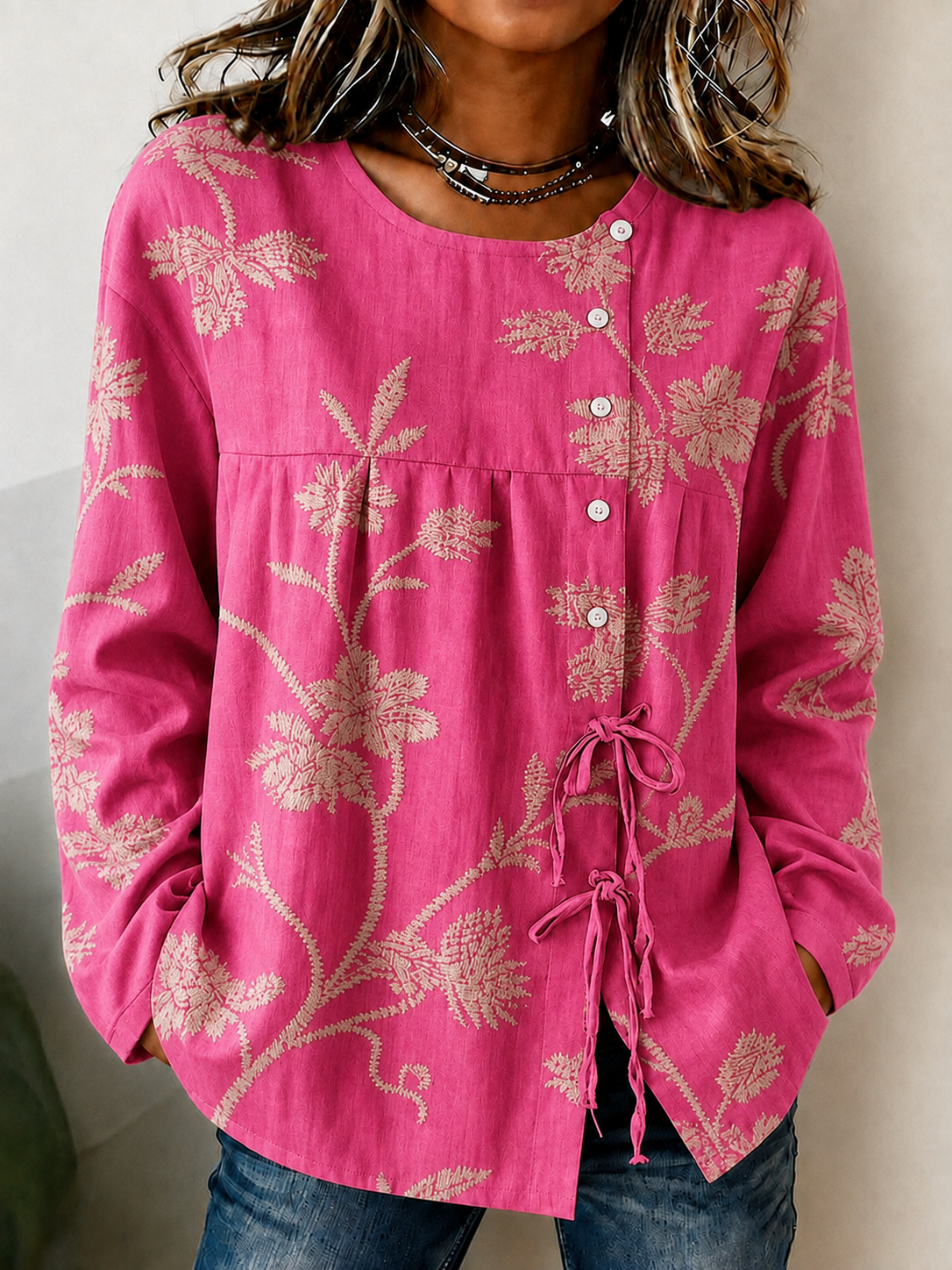 Women'S Breast Cancer Promotion Pink Plant Art Printing Cotton Linen Long Sleeve Shirt