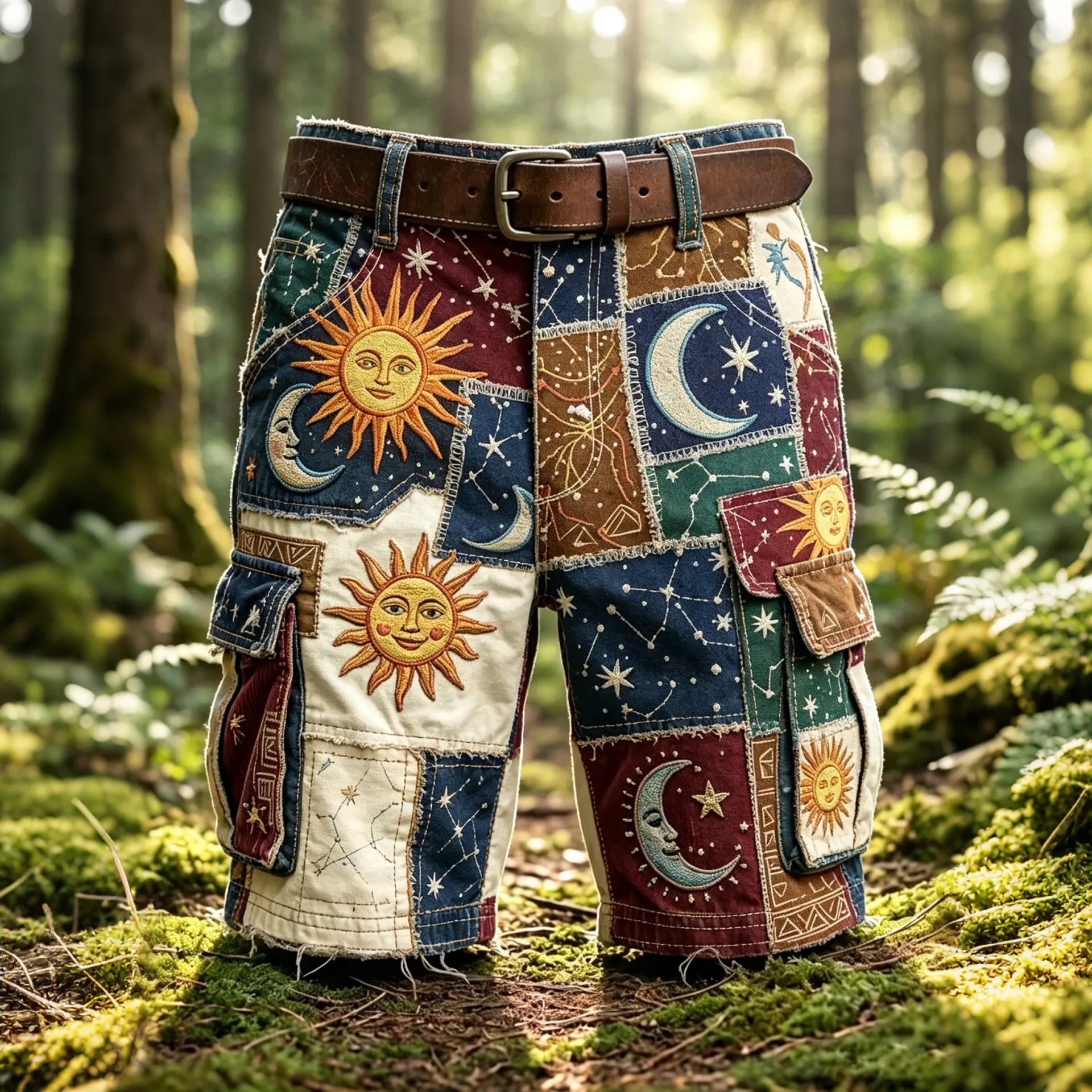 Men's Retro Hippie Sun, Moon And Stars Color Block Multi-pocket Shorts