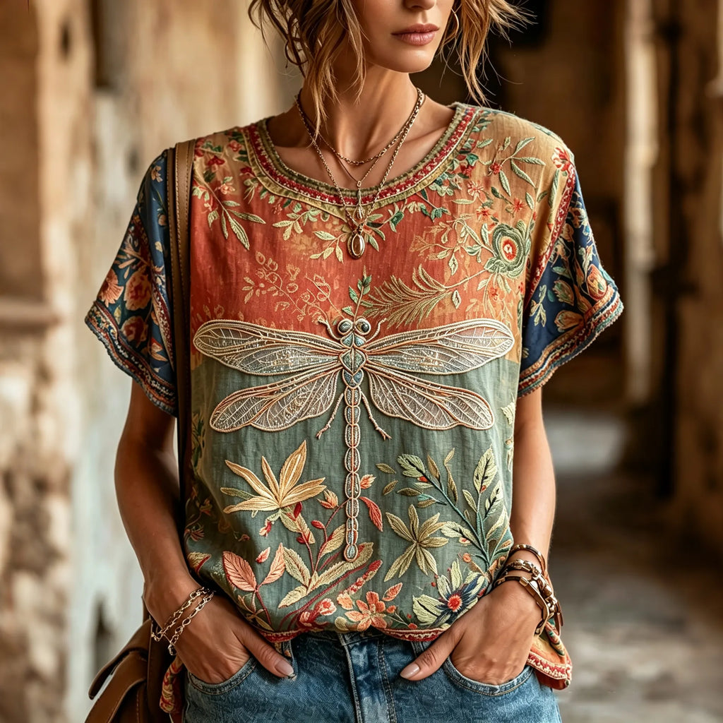Women's Vintage Hippie Floral And Dragonfly Pattern Art Embroidered Linen Blend Short Sleeve Tops