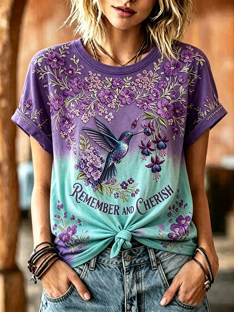 Women's Retro Remember And Cherish Floral Ribbon Crew Neck Short Sleeve Cotton Linen T-shirt