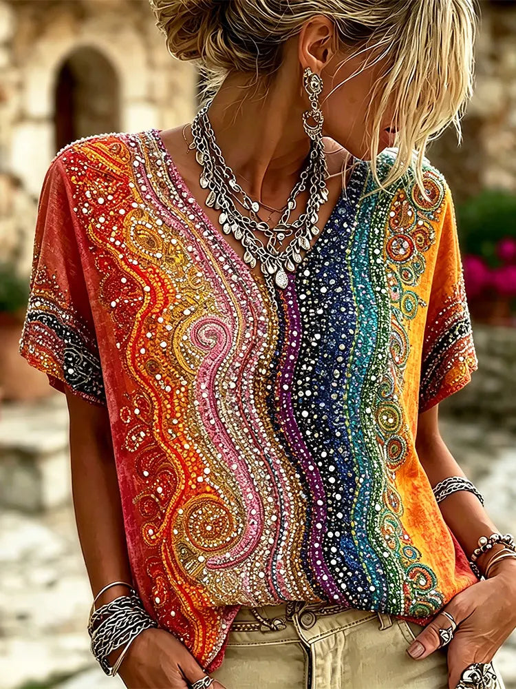 Boho Rainbow Swirl Rhinestone V Neck Blouse, Vintage Color Gradient Beaded Short Sleeve Top, Hippie Festival Sparkly Casual Shirt For Women