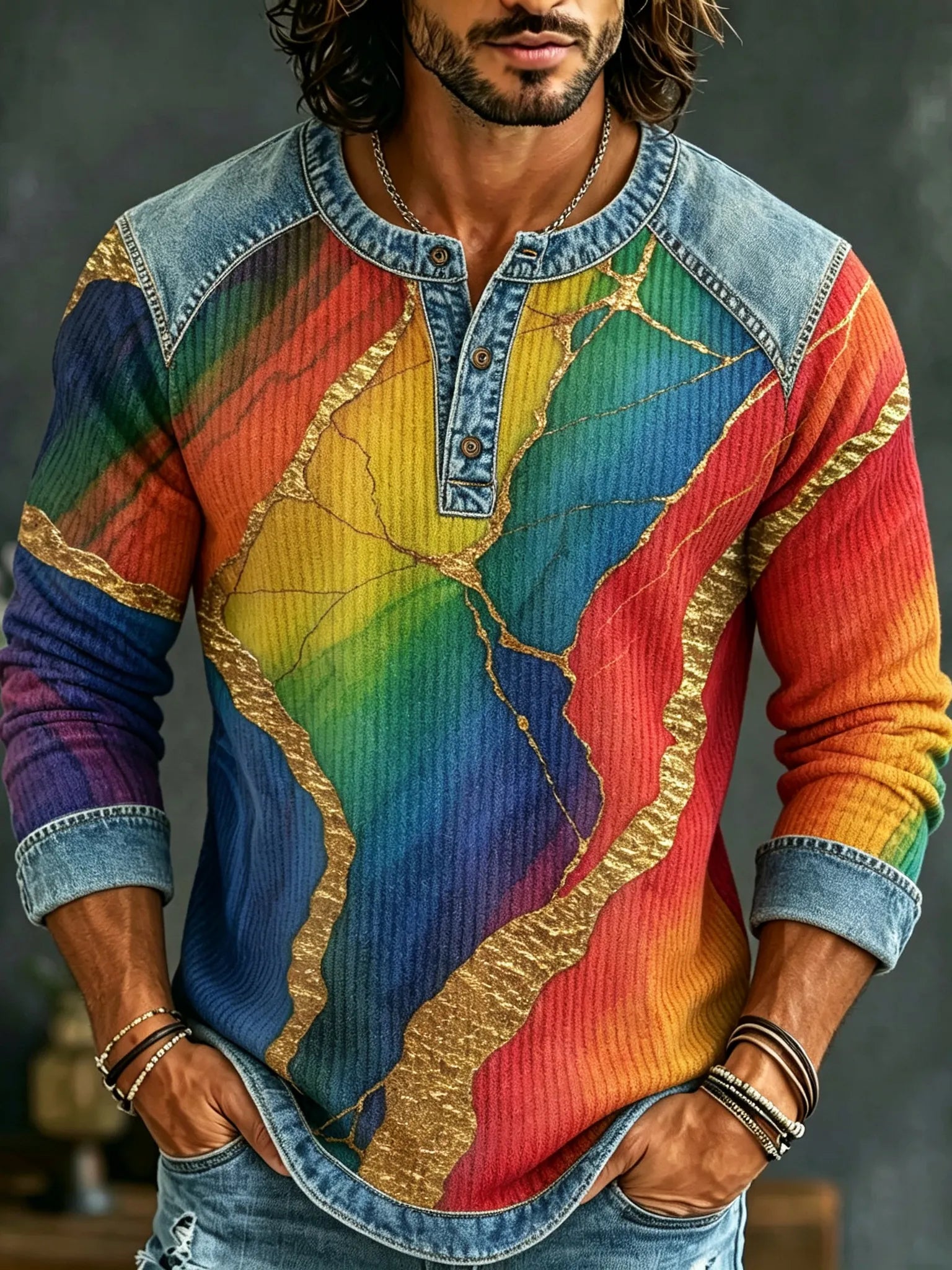 Men's Hippie Retro Tie-dye Marble Print Long-sleeve T-shirt