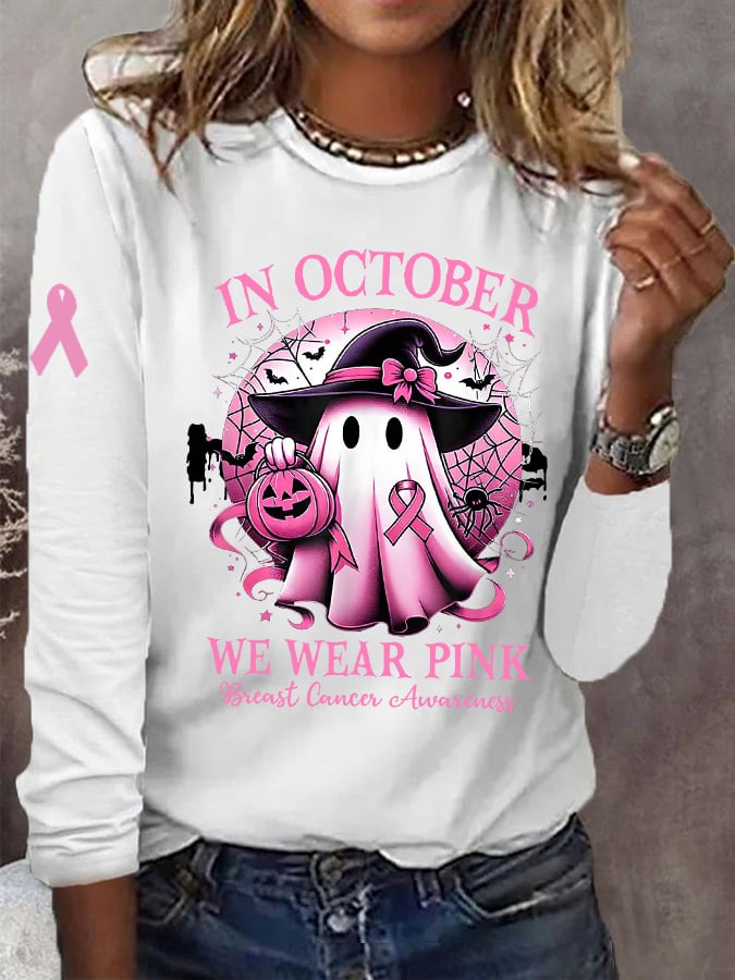 Women's In October We Wear Pink Halloween Ghost Breast Cancer Awareness Warrior Long-Sleeve T-Shirt