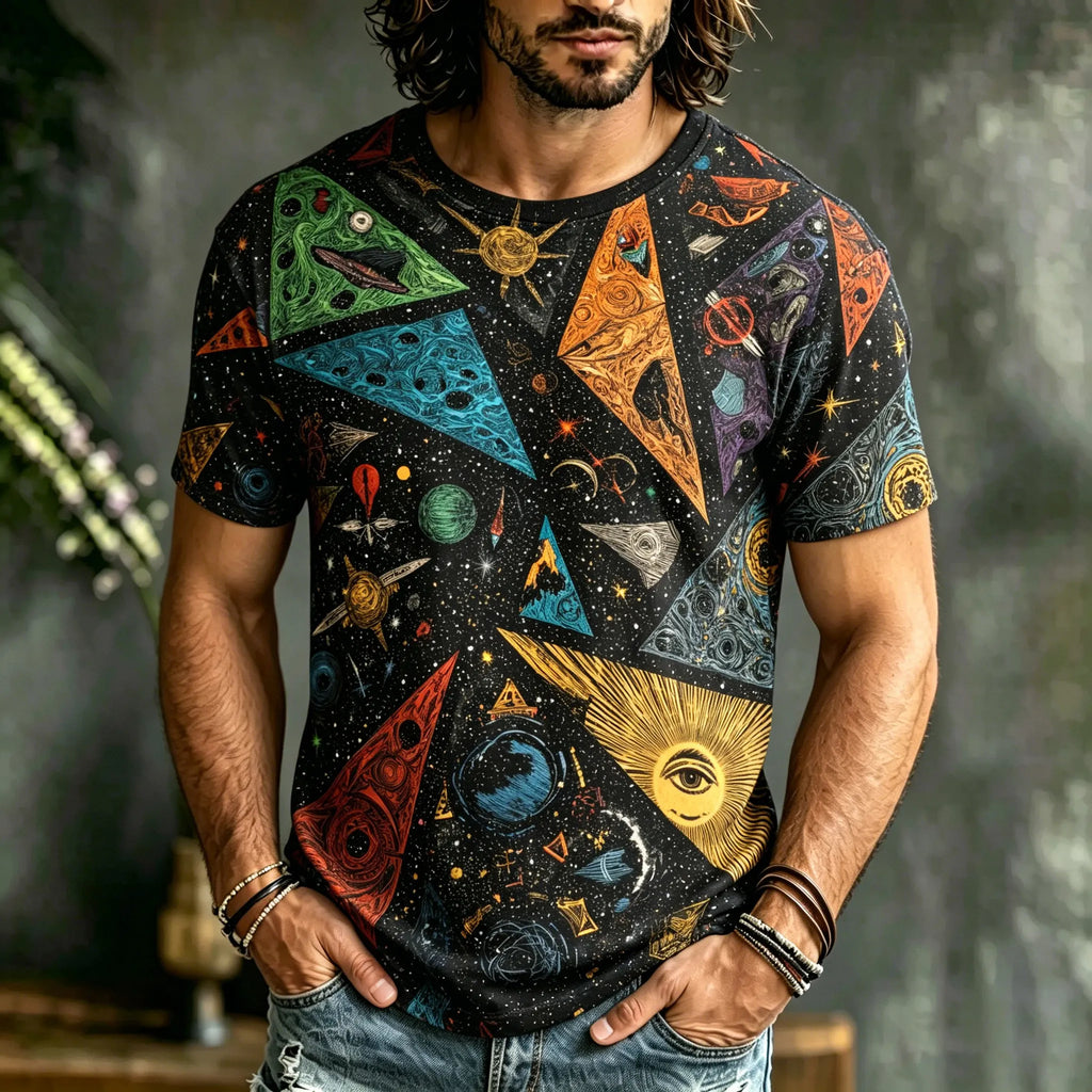 Men's Retro Hippie Psychedelic Art Cosmic Print Casual T-shirt