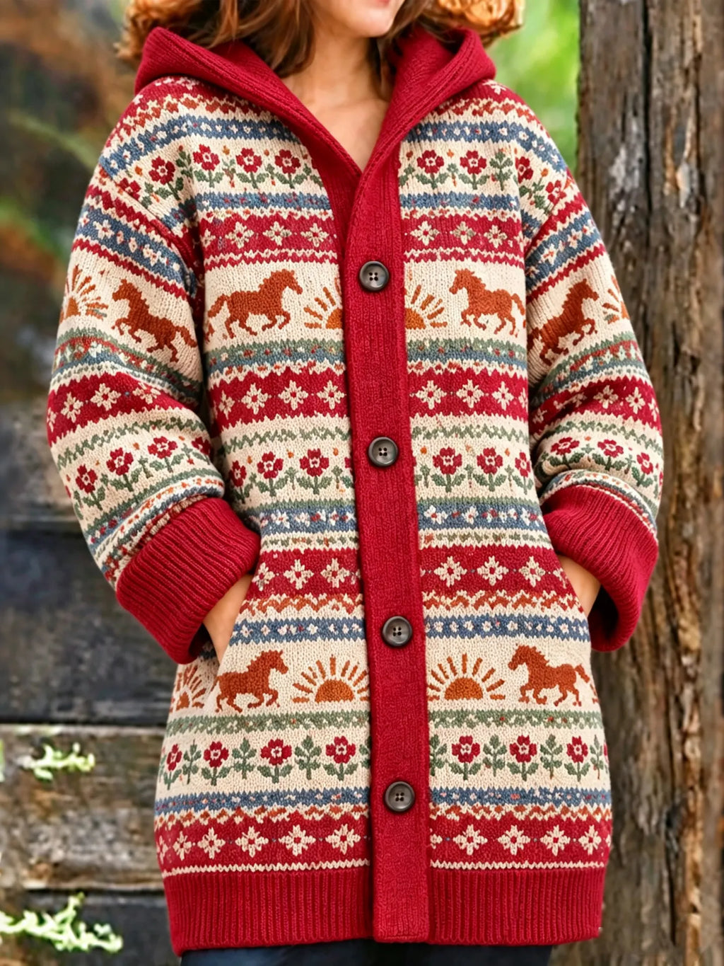 Women's Vintage Tribal Horse And Floral Patterns Icelandic Knit Hooded Cardigan