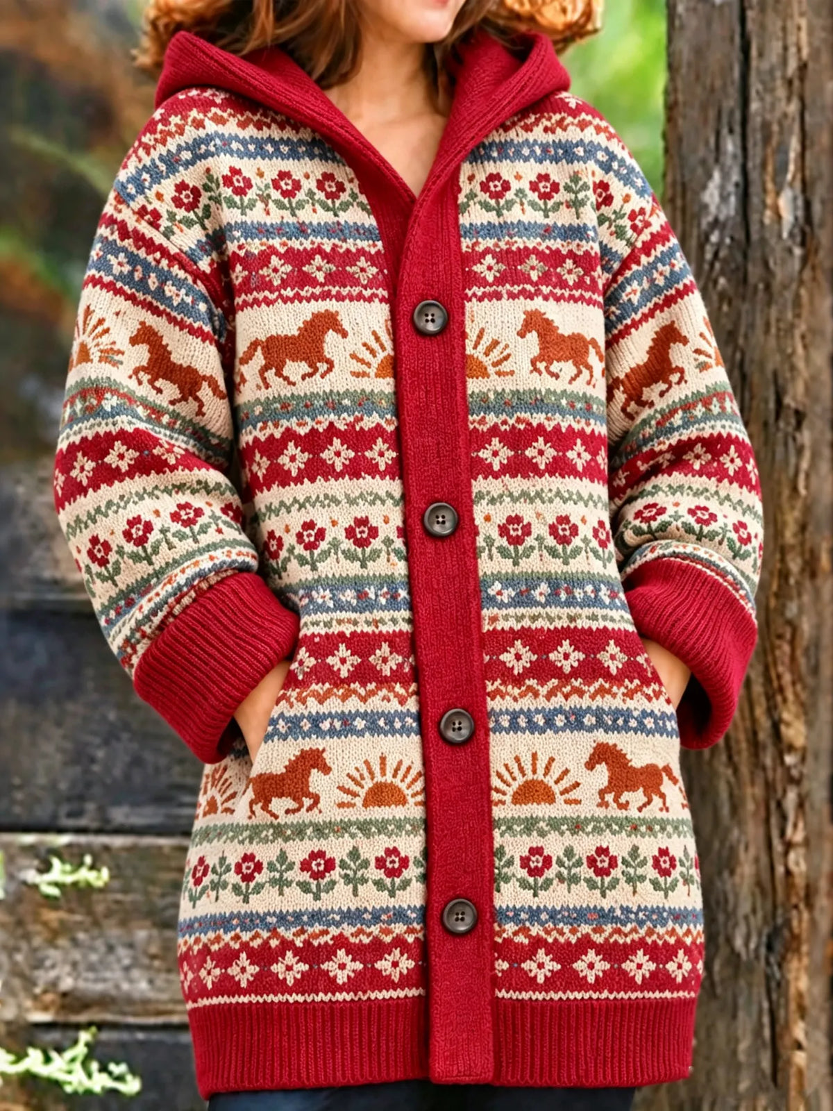 Women's Vintage Tribal Horse And Floral Patterns Icelandic Knit Hooded Cardigan