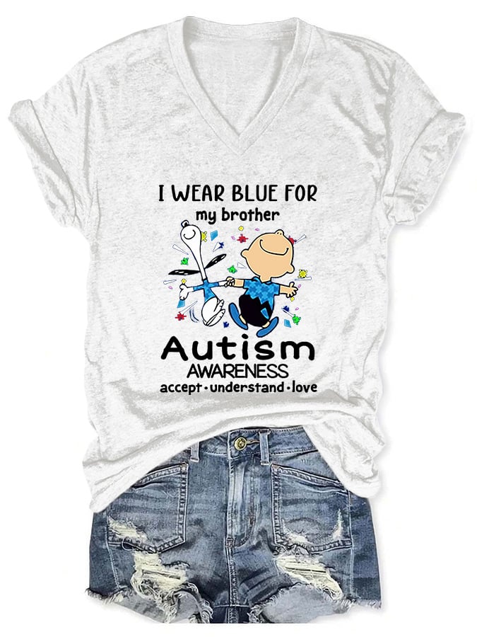 V-neck Autism Awareness I Wear Blue For My Brother Print T-Shirt