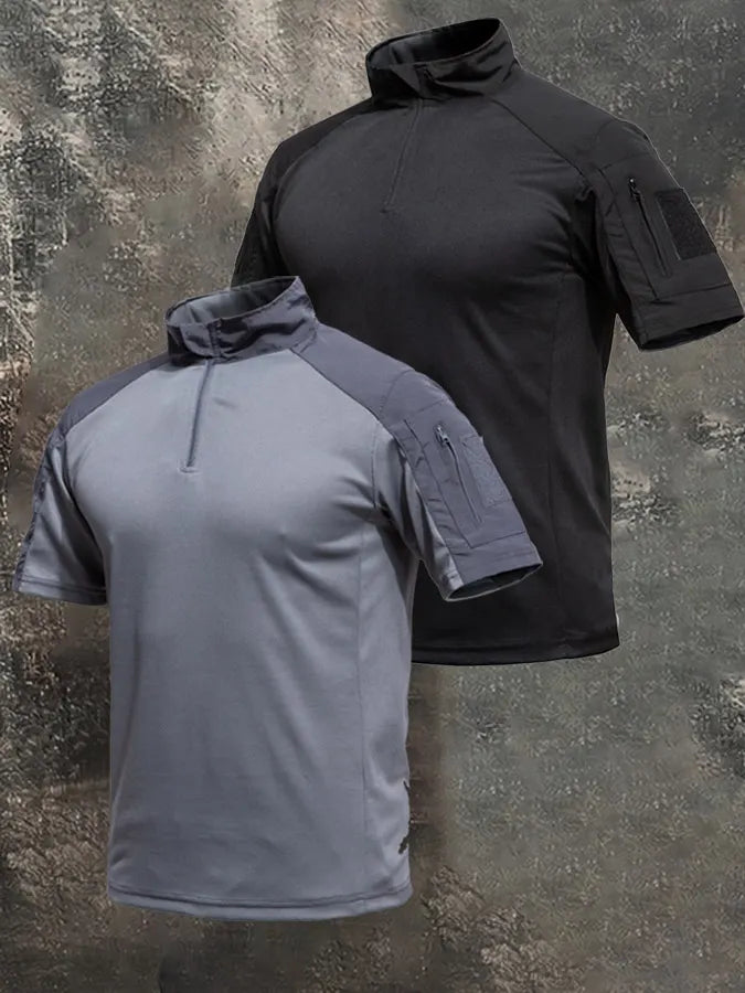 Men's Breathable Military-Style Short-Sleeve Shirt with Stand Collar and Zipper