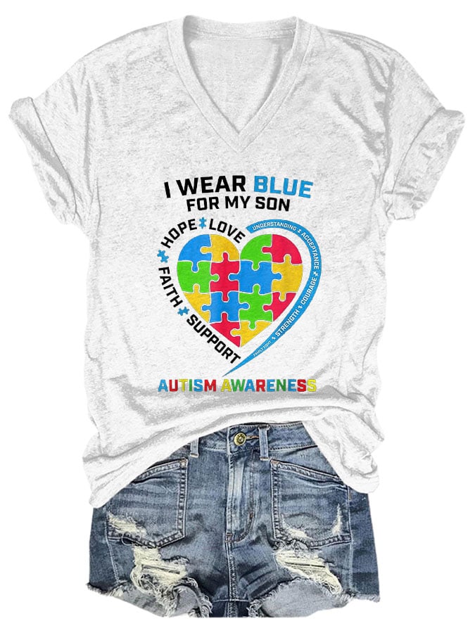 V-neck Autism Awareness I Wear Blue For My Son Print T-Shirt